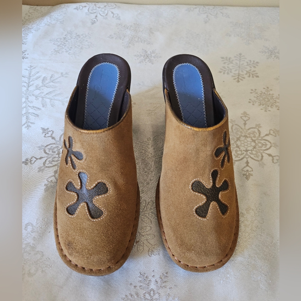 Indigo Suede With Flowers Boho Hippie Tan Clogs Wedge Mules Sz 8 - Picture 2 of 15